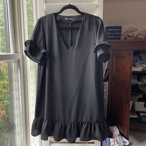 Zara Black Ruffled Mini V-neck Dress Medium